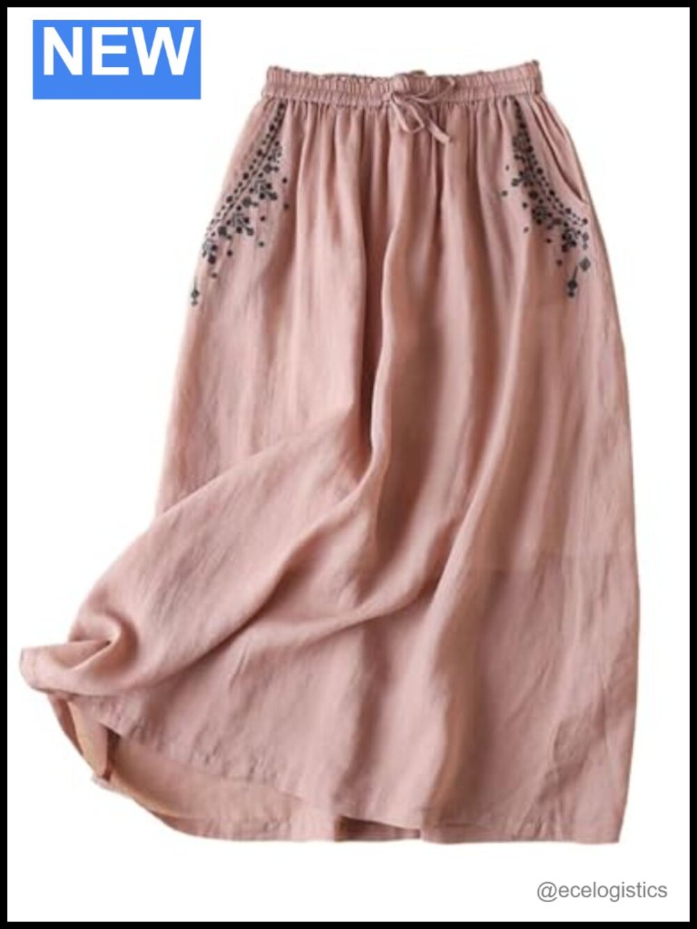 Cotton Linen Midi Skirt High Waisted Drawstring Embroidered A-Line